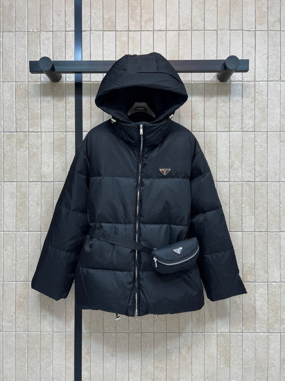 🖤 Prada Hooded Puffer Jacket With Detachable Mini Pouch